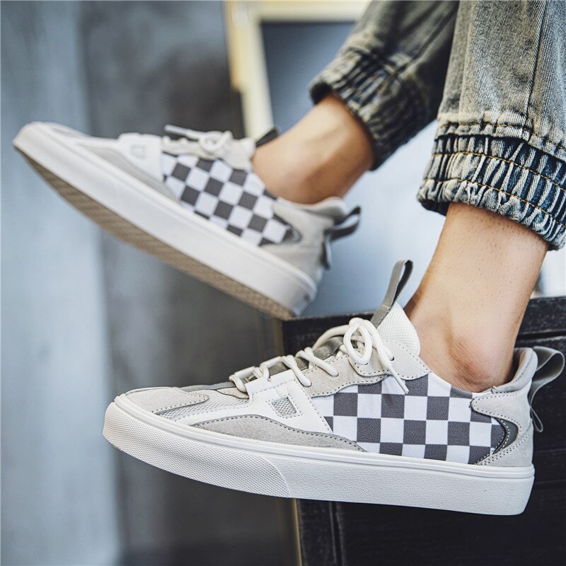 Heren schaakbord canvas schoenen, heren zwart-witte skateboardschoenen, heren casual schoenen, maat 39-44: Witgrijs / 42