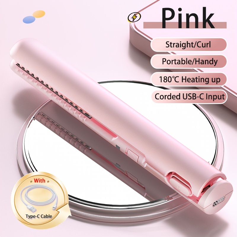 Portable Mini Hair Straightener Lightweight 180 Degrees Celsius Constant Temperature Control, Suitable for Bangs and Short Hair: Pink