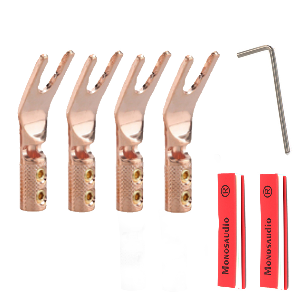 4 stykker rent kobber rhodiumbelagt y spade kobling plugg gaffel kontakter plugg høyttaler kabel høyttaler kabel jack