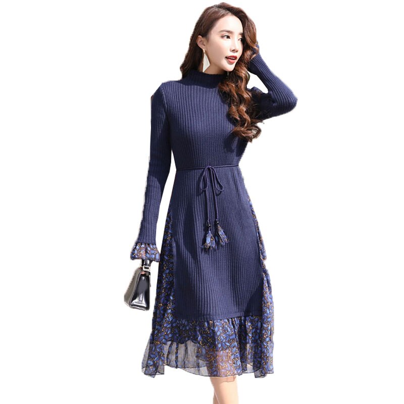 Gebreide Chiffon Nep Twee Lente Jurk Vrouwen Vestidos Plus size Luidspreker Mouw Lange Dames Jurken Casual Dress: M