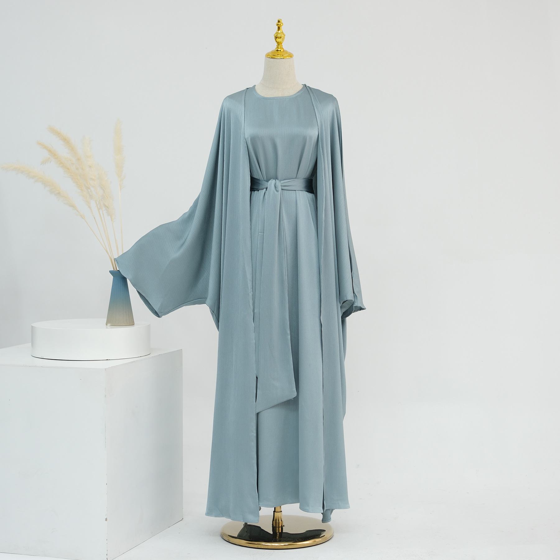 Ramadan dubai cetim liso 2 peças conjunto abaya roupas de oração feminino modesto conjuntos muçulmanos caftan marocain robe femme musulmane kaftan