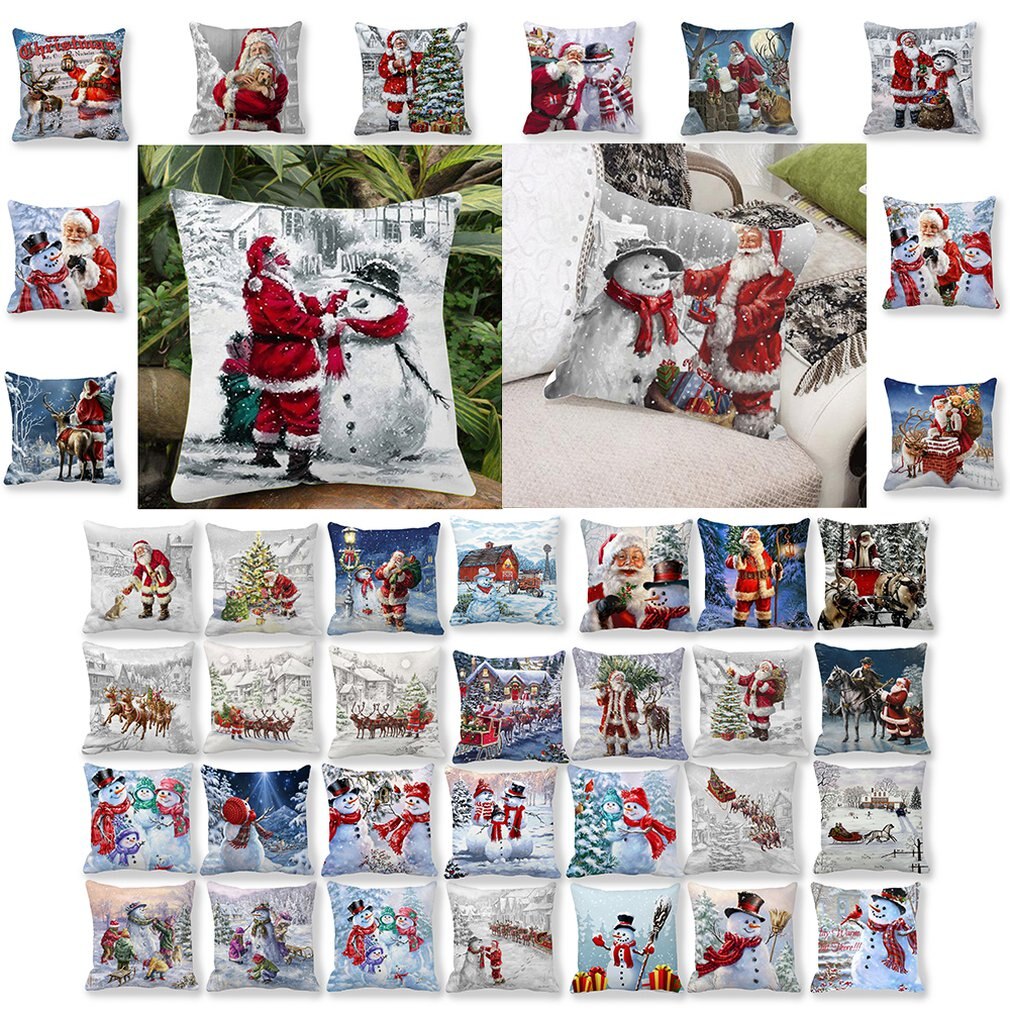 Elk Deer Santa Claus Snowman Christmas Cushion Cover Throw Pillow Xmas Year Decor Home Decoration Polyester Pillowcase