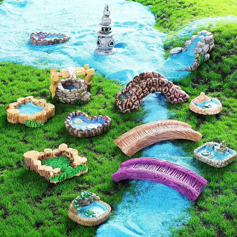 1/20 Uds Micro adorno de paisaje faro en miniatura puente de pozo de agua casa Vintage artesanía de jardín DIY Mini figuritas de decoración del hogar