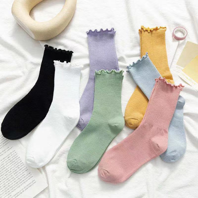 5 Pairs Women Cotton Ruffle Frilly Socks Black White Cute Autumn Winter Socks Solid color Soft Happy Girl Socks: H free color
