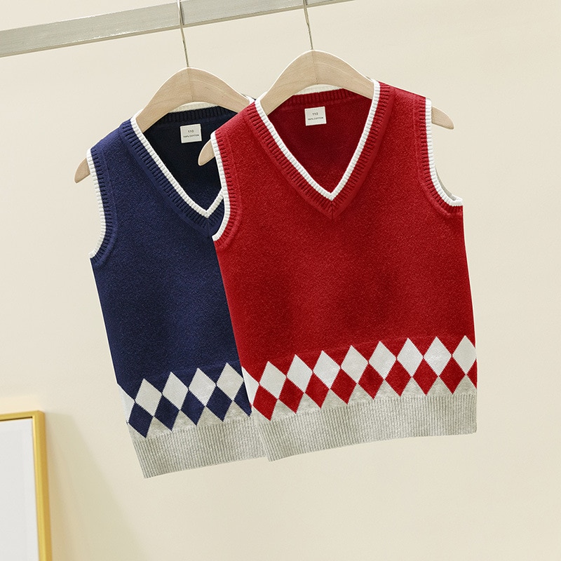 Geometric Rhombus Knit Vest for Big Boys Autumn Preppy Style School Uniform Baby Girls Sleeveless Outerwear Knitted Sweater