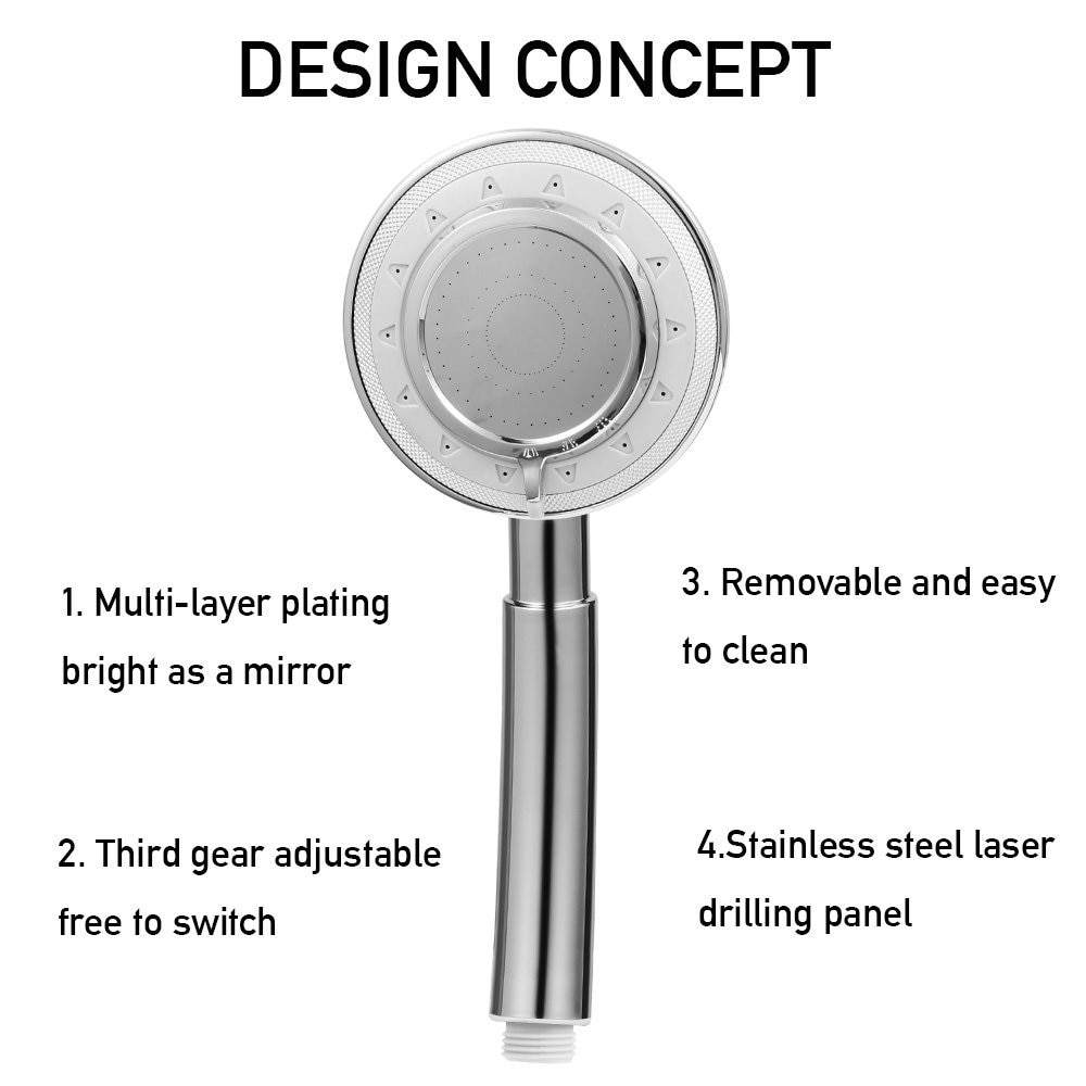 Water saving Shower head High Pressure Boosted Bathroom Handheld Showerhead Shower 3 Spray Settings with Stainless Steel Plated