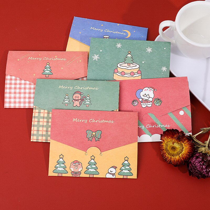 6 Stks/partij Cartoon Vrolijk Kerstfeest Mini Papieren Envelop Met Boodschap Kaart Wenskaart Brief Stationaire Opslag Papier