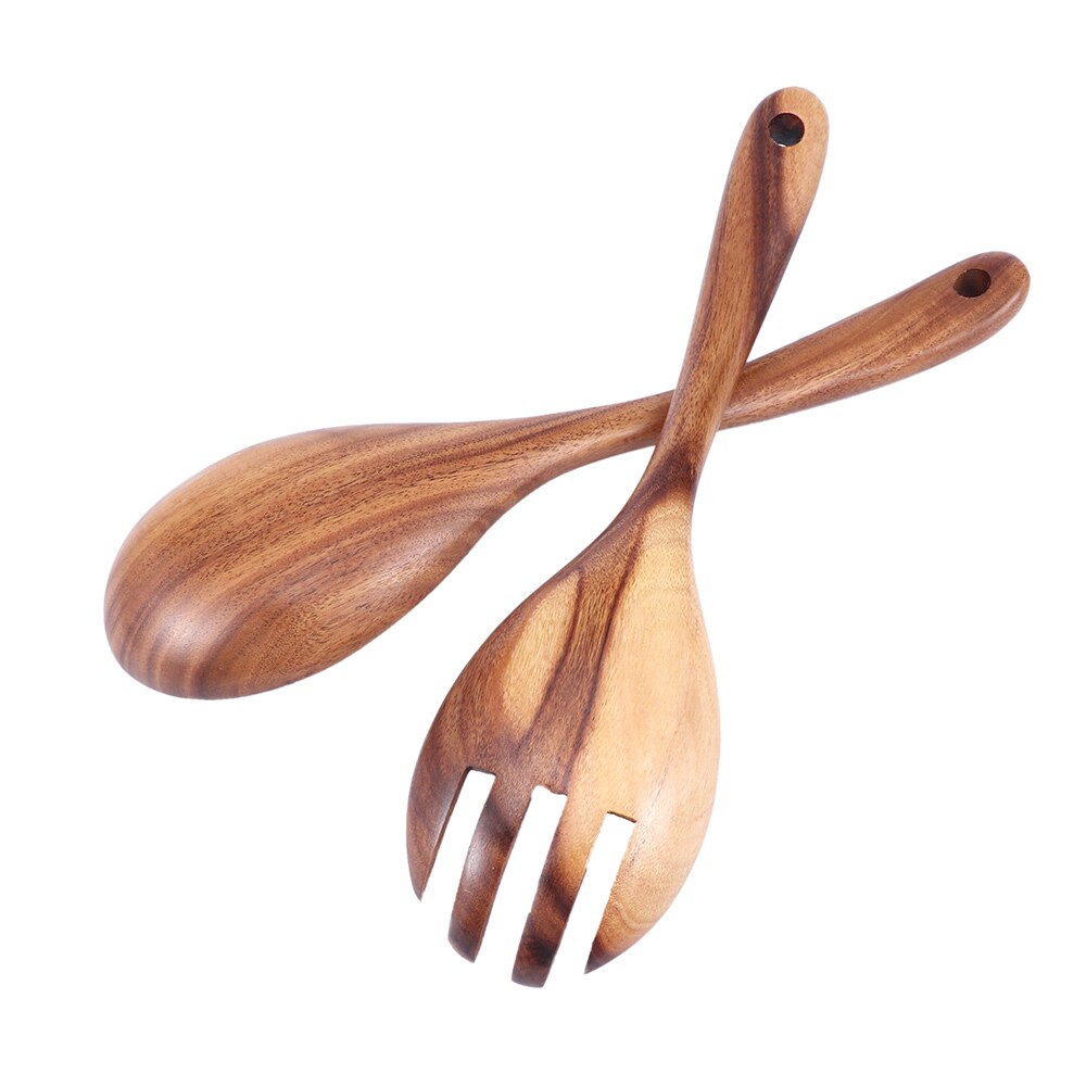 Natural Wooden Kitchen Cooking Spoons Large Salad Server Wood Fork Spoon Cutlery Set Wooden Utensils Tableware