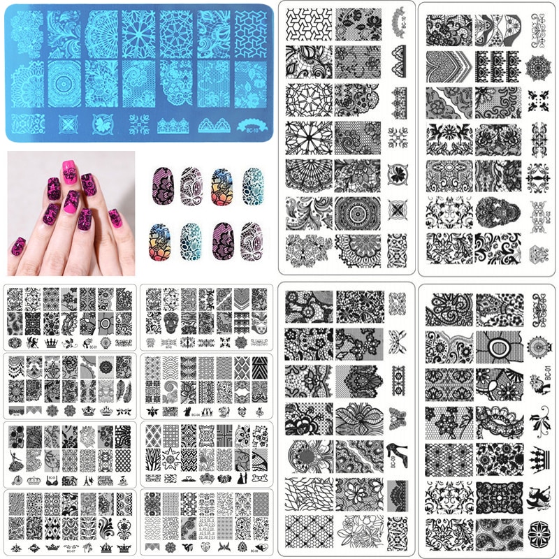 1 pièces Nail Art timbre estampage Image plaque ongles impression pochoir dentelle modèle bricolage bleu masque ongles impression Nail Art manucure outils