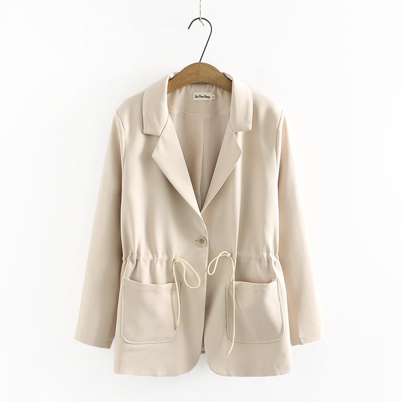 Women Clothing Blazer Plus Size Autumn Loose Western Style Drawstring Waist Tailored Suit Jacket: Khaki / 4XL