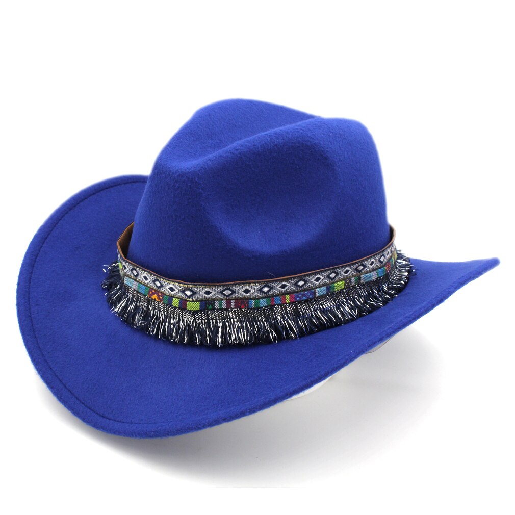Mistdawn klassiske kvinder mænd western cowboy ridning hat ridning cowgirl cap bred brim m / bohemia kvast bånd størrelse 56-58cm: Blå