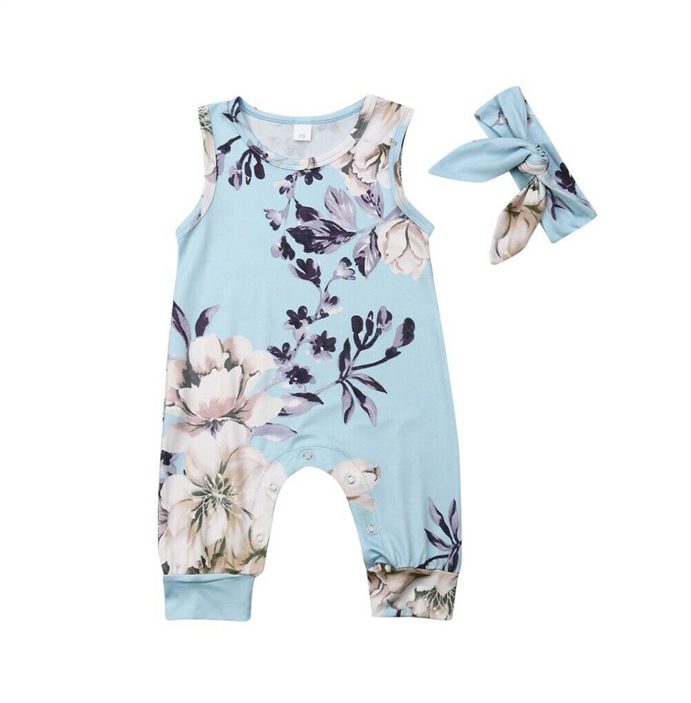 Baby Baby Meisje Jongens Zomer Bloemen Romper Hoofdband 2 Stuks Mouwloze Jumpsuit Outfits Kleding Set
