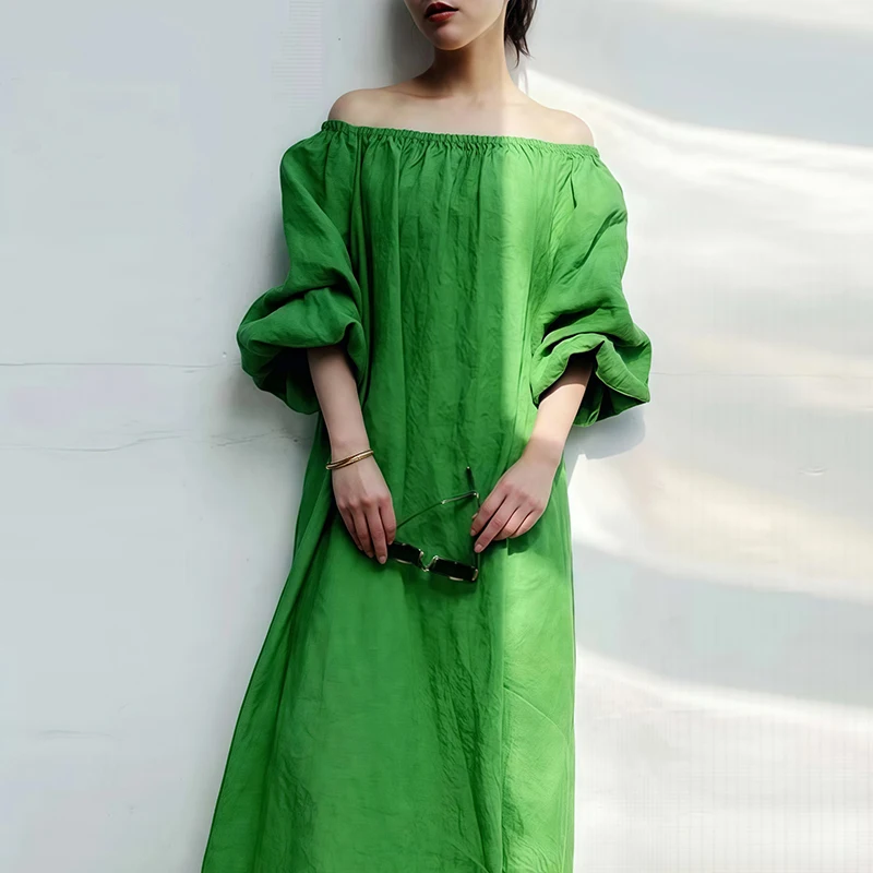 Woman Spring Back Button Slit loose Long Dress Off Shoulder Solid Colid Simple Casual Pure Cotton Linen Dresses Vintage: S / green