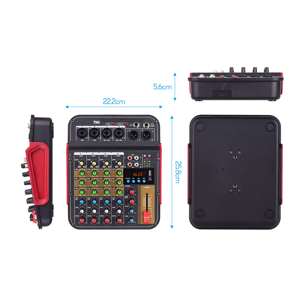 TM4 Digital 4-Channel Audio Mixer Mixing Console Built-in 48V Phantom Power &amp; BT Function Audio System Recording