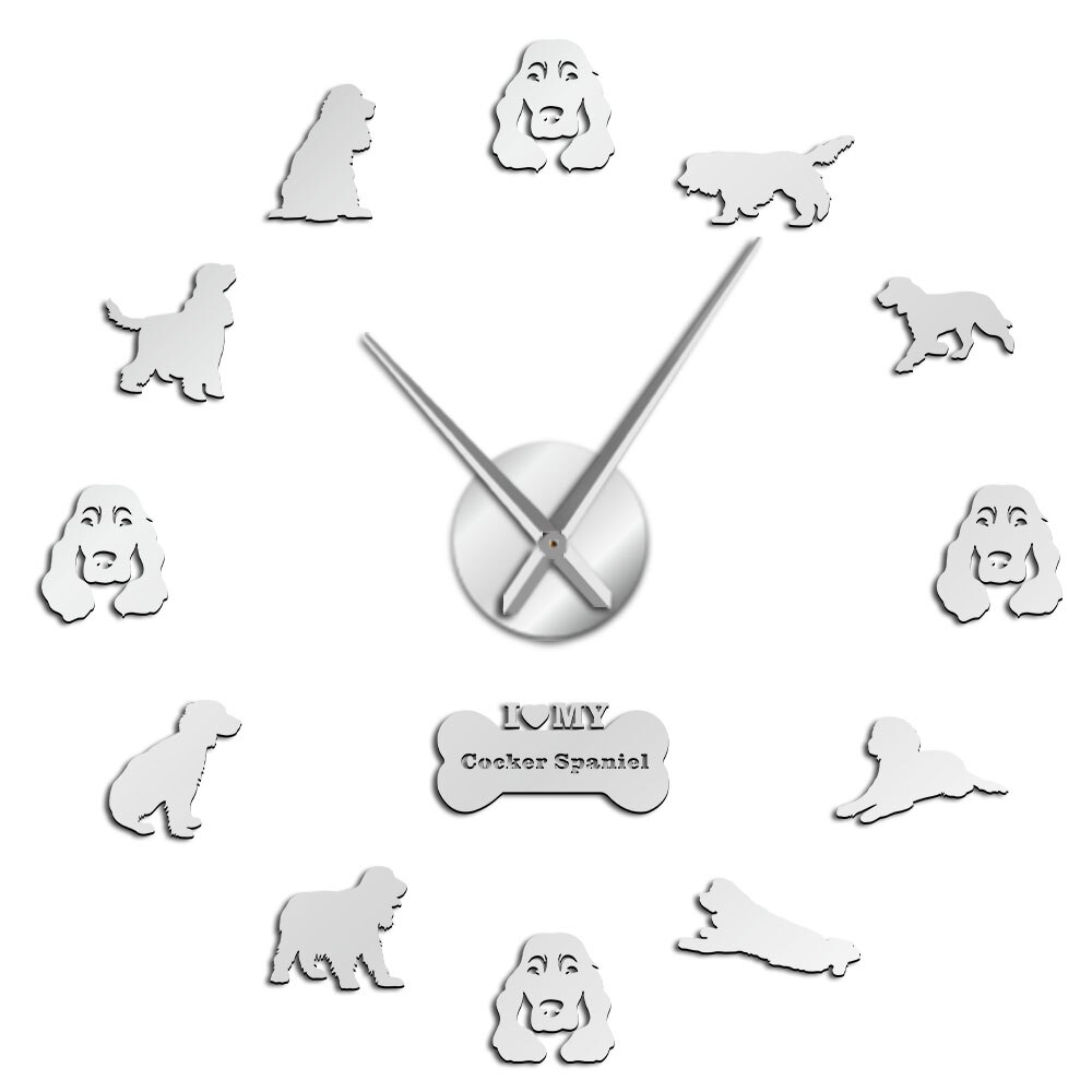 Cocker Spaniels Mirror Effect Stickers DIY Giant Silent Wall Clock Dog Pet Owners Home Decor Cockers Mute Wall Art Hanging Watch: Silver / 27 Inch