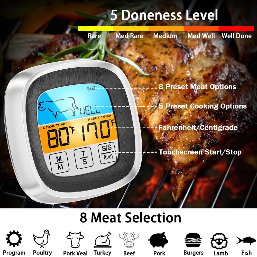 Termómetro Digital para cocina, sonda con pantalla táctil, herramienta de medición de temperatura de alimentos para barbacoa y carne, temporizador para barbacoa, herramientas de cocina, 1 ud.