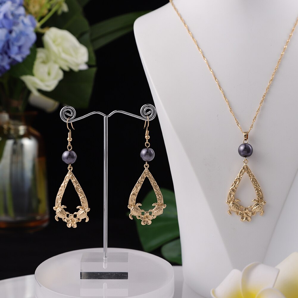 SophiaXuan Hawaiian Jewelry Set Pink Pearl Necklace Polynesian Necklace Samoa Gold Plated Earrings Set for Women