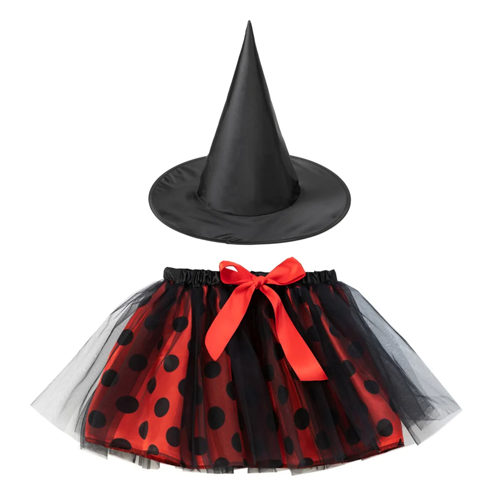 Children Girls Halloween Polka Dot Spiderweb Witch Skirt Hat Spider Web Tutu Outfit Party Dress Up Cosplay Costumes Carnival: S / GRAY