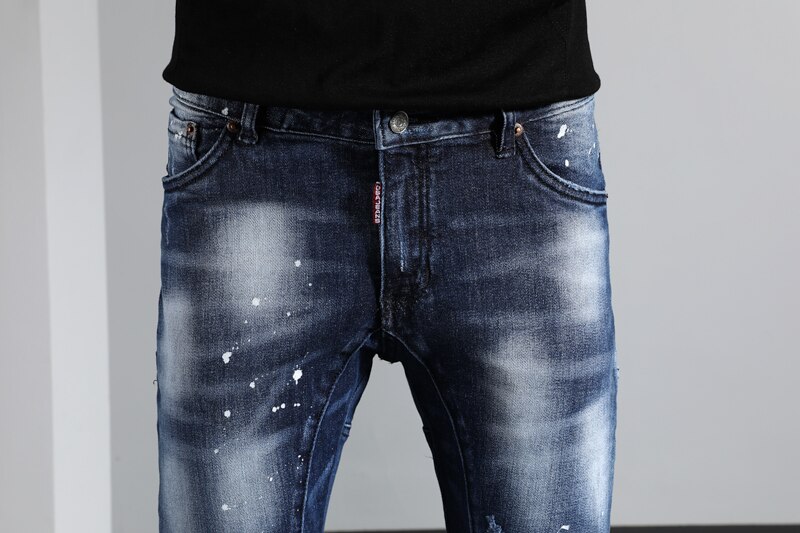 Heren Jeans Ripped Jeans Voor Mannen Gescheurde Geschilderd Skinny Stretch Slanke Broek Lange Broek Borduren Hip Hop Herfst Lente blauw