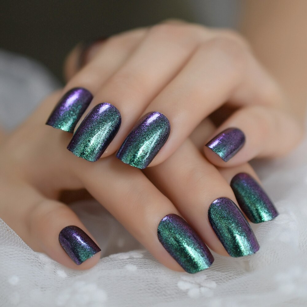 Vierkante Kameleon Medium Nagels Aurora SeaGreen Paars Glitter Ontworpen Nep Nagels Symfonie Kunstmatige Volledige Cover Nail Tips