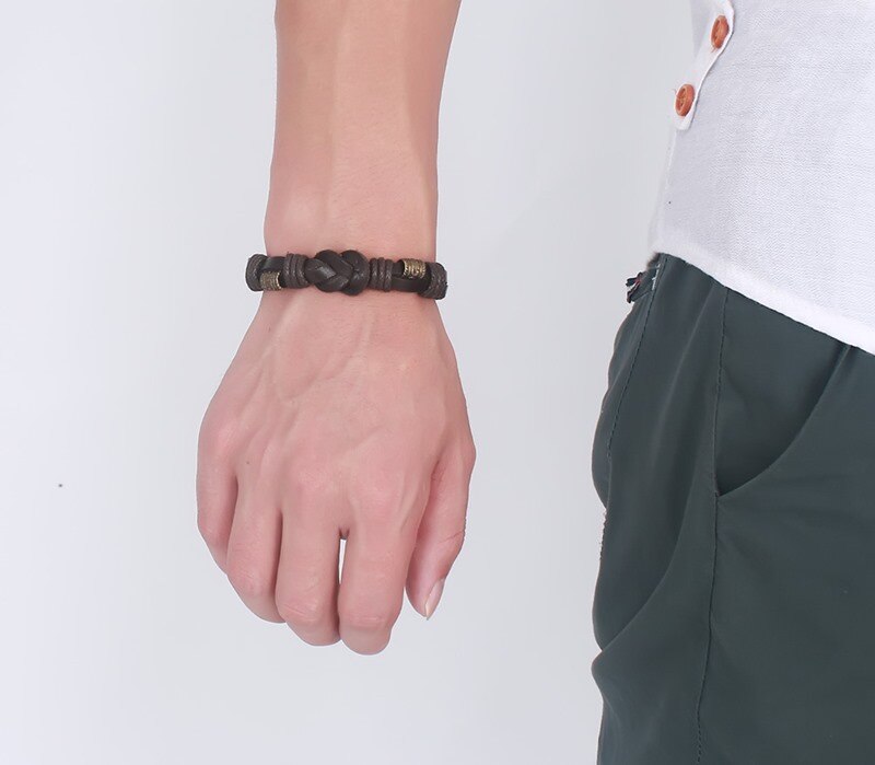 Männer Jahrgang Dunkelbraun Schwarz Doppel-reihe Leder Nautischen Knoten Armbinde für Männer Armbinde Seil mit Legierung Schnalle schmuck 2 stücke