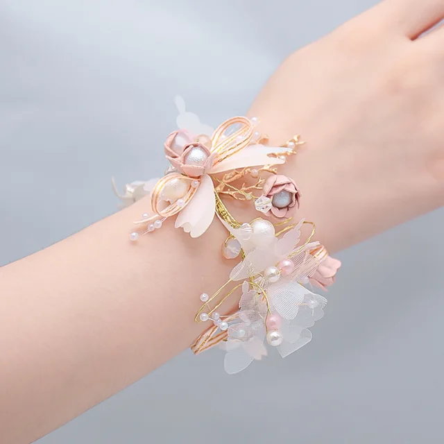 Imitation Pearls Corsage Bracelet Fabric Hand Flowers Girls Bridesmaid Wrist Flowers Wedding Party Accessories Party decor Rose: Beige