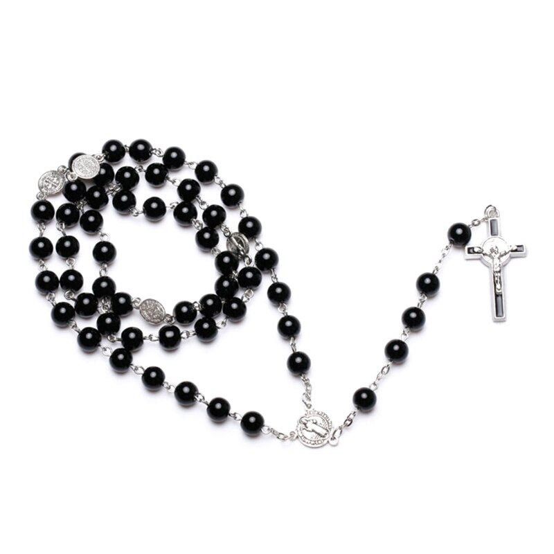 Zwart Glas Kruis Religieuze Ketting Katholieke Rozenkrans Ketting Kerk Souvenirs L5YE