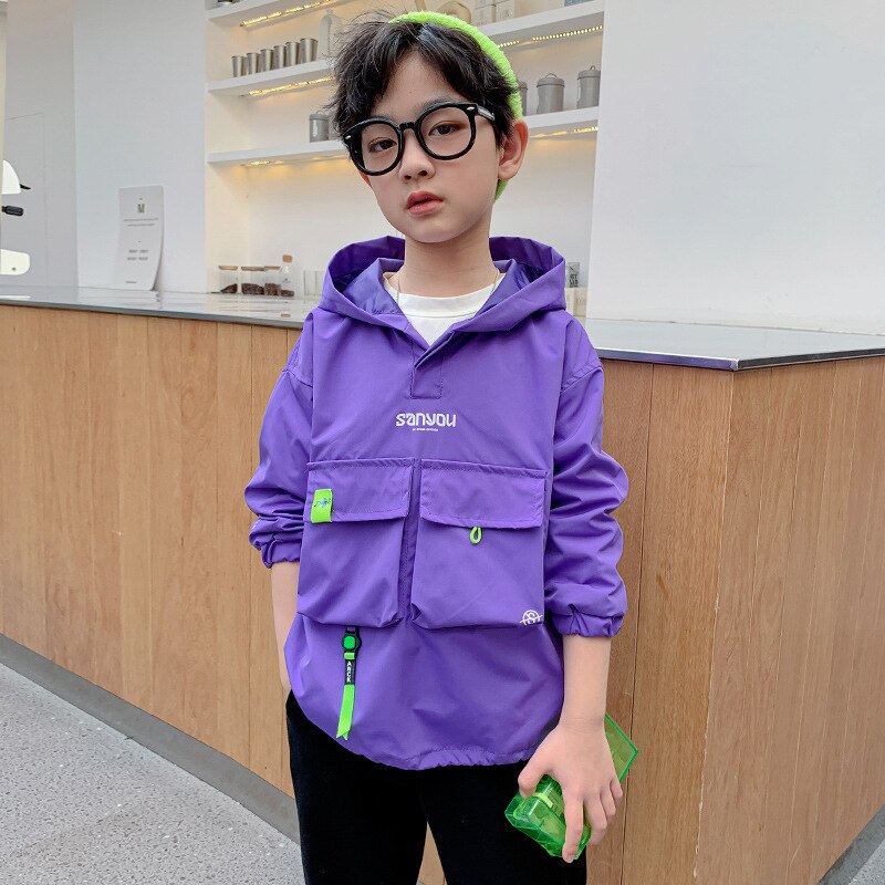 Chaqueta con capucha para niños de 4 a 12 años, abrigo informal virgen grande con bolsillo, Primavera/otoño, nueva: Morado / 12