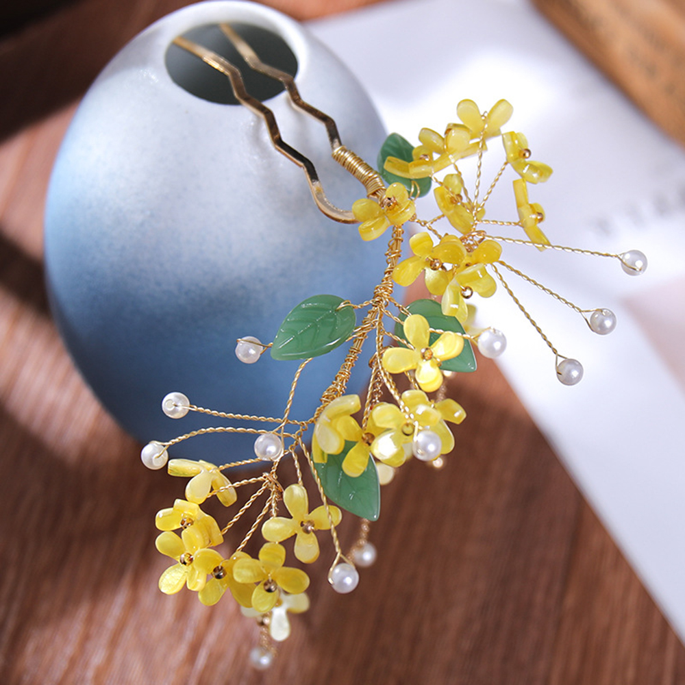 Chinese Ancient Style Hairpins Clips Yellow Osmanthus Fragrans Flower Hair Sticks Forks for Women Girls Hanfu Dress Hair Jewelry