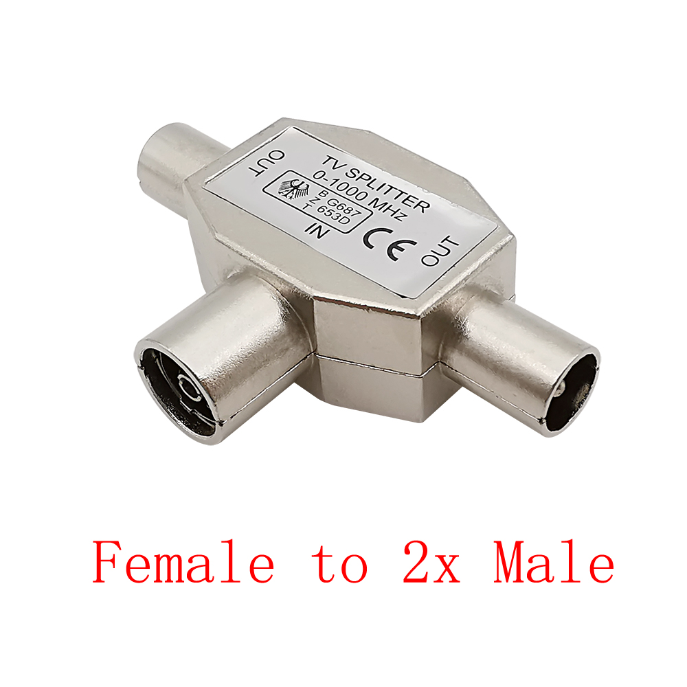 En-til-to tv-antenne splitter adapter 2- vejs tv han-til-hun antenne koaksial signal distributør konvertering interface stik: Hvid