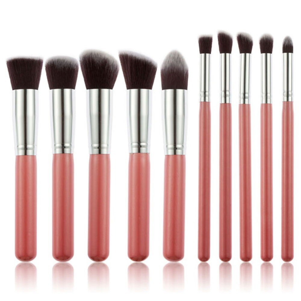 10Pcs Draagbare Mode Multifunctionele Zachte Make-Up Borstel Set 3Cm/1.2Inch Houten Make-Up Tool Brochas maquillaje: PinkSilver