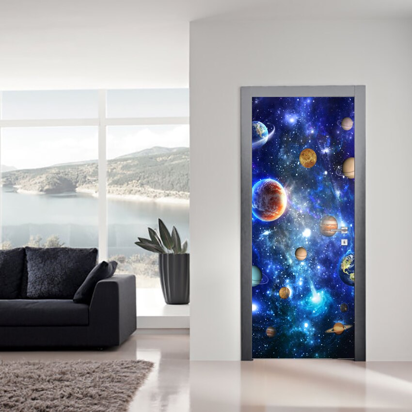 3D Universe Galaxy Planets Stars Print Door Sticker DIY Wallpaper Corridor Mural Wall Decal Kids' Bedroom Decor Best