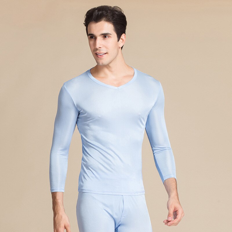 Silk Men Long Johns Elastic V Neck Underwear Sets Antibacterial Breathable Comfortable Autumn Suits: Sky Blue / XXL