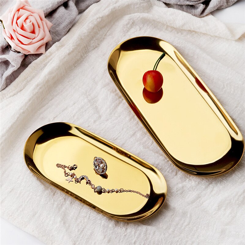 Stainless Steel Storage Tray Gold Silver Oval Fruit Plate Jewelry Display Metal Tray Storage Supplies