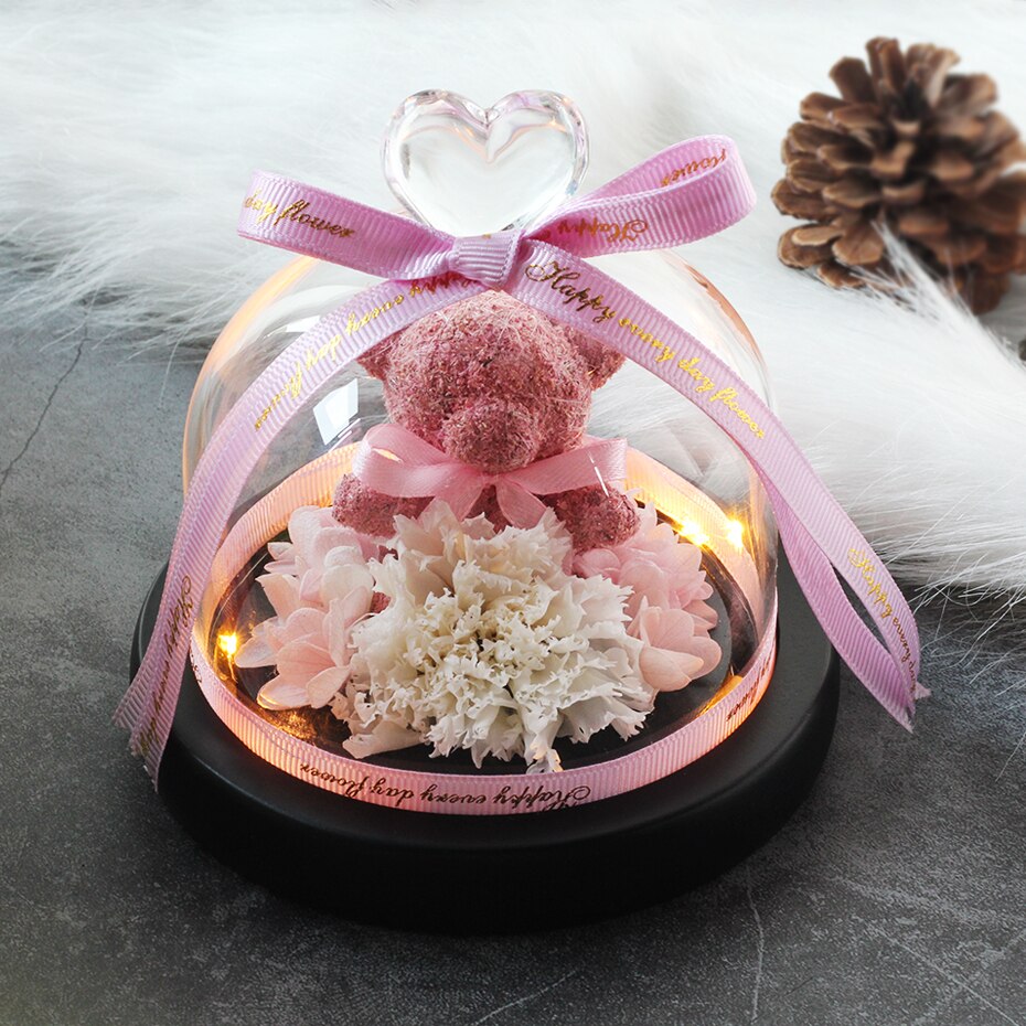 Getrocknete Blumen Ornamente Erhalten Rosen Bears in Glas Abdeckung mit Lichter Hochzeit Weihnachten Neue Jahr Wohnkultur für Mädchen: B34