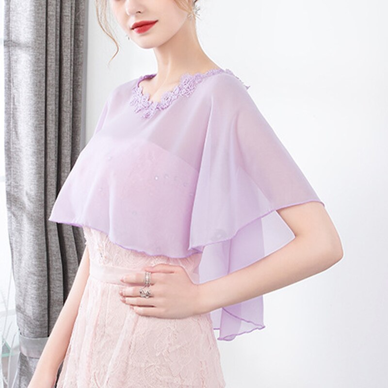 Cape en mousseline de soie pour femmes, châle doux et léger pour mariée, col rond, longue tenue de soirée: Violet