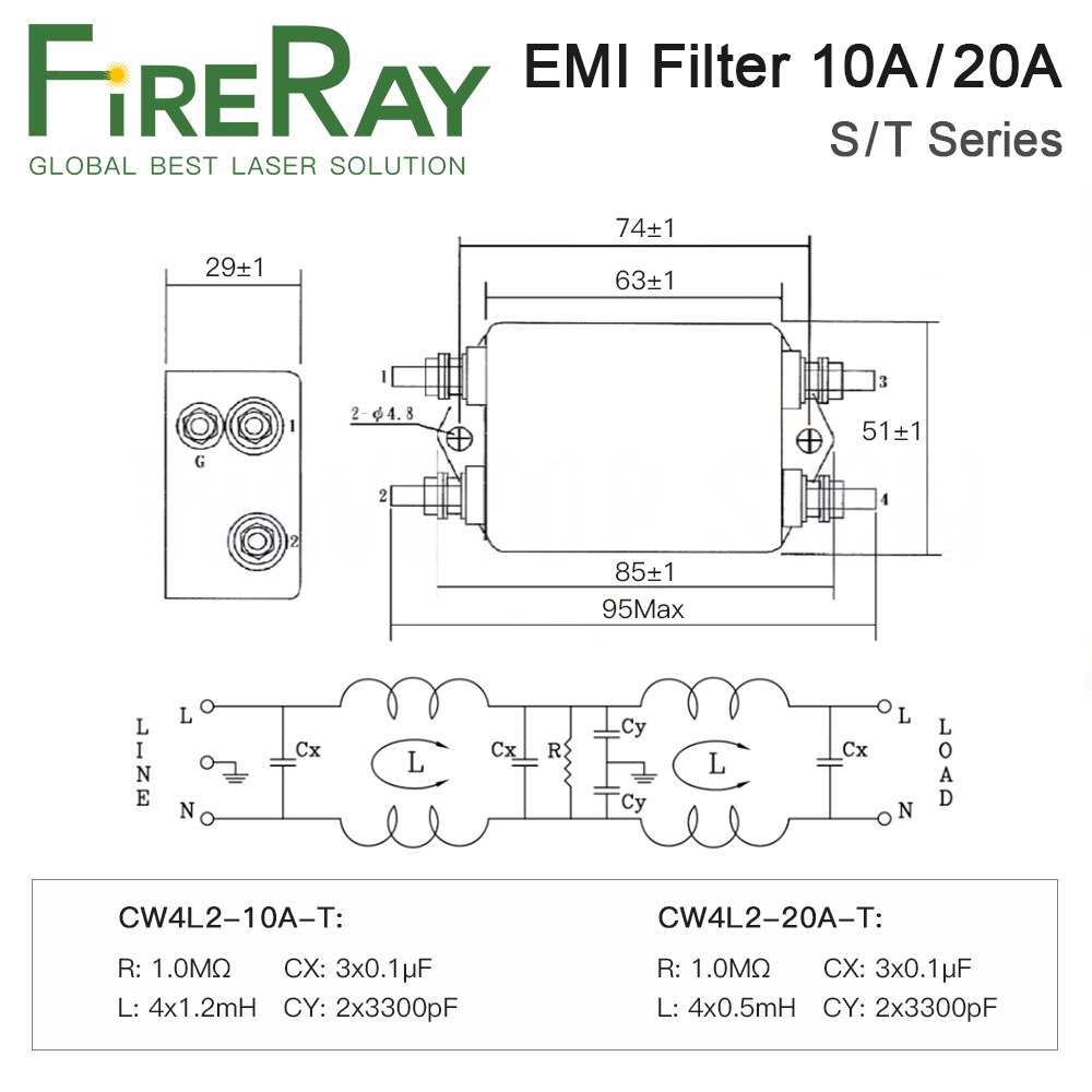 Fireray Emi Filter CW4L2-10A-T/S CW4L2-20A-T/S Eenfase Ac 115V / 250V 20A 50/60Hz