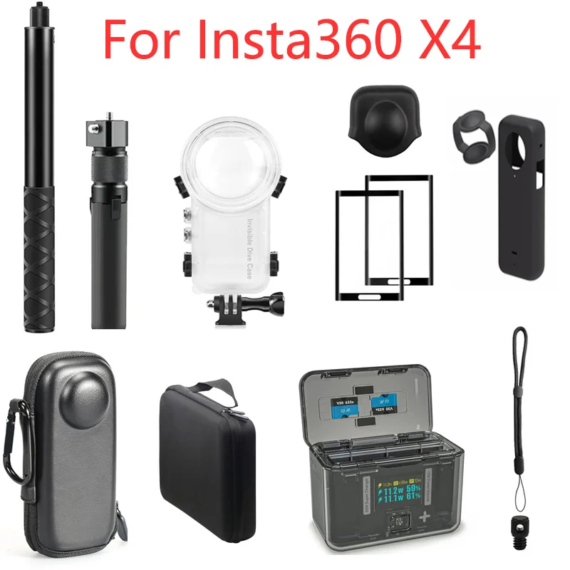 for Insta360 X4 Accessories Dive Case Selfie Stick Storage Bag Lens Cover Screen Protector Hand Wrist Strap Battery Charge Box