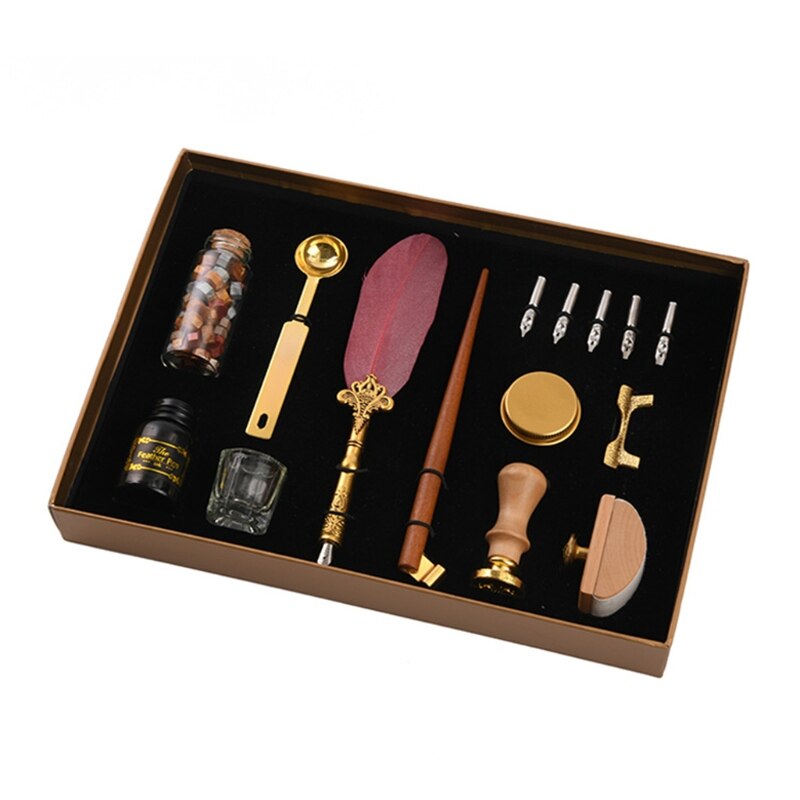 Retro Kalligrafie Quill Veer Dip Pen Met Penpunten Lakzegel Stempel Houder Geschenkdoos 103E