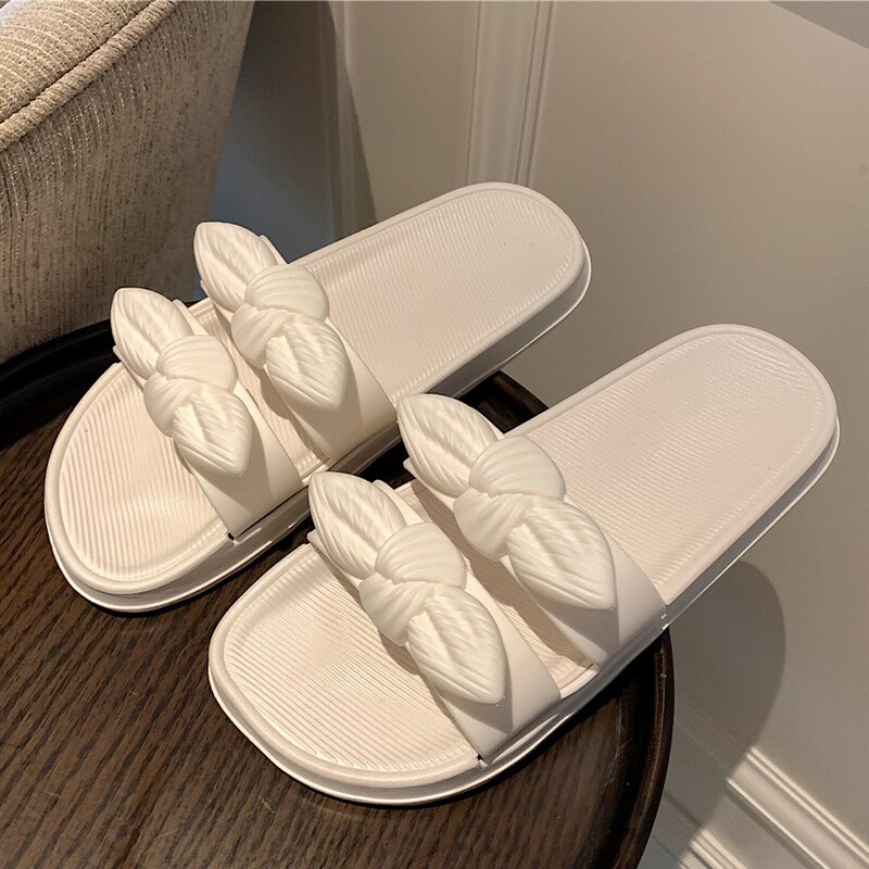 Zomer Vrouwen Slippers Flats Strik Dames Outdoor Strand Slides Slip Op Vrouw Schoenen Dikke Bodem Vrouwelijke Schoenen Mode: WHITE / 9.5