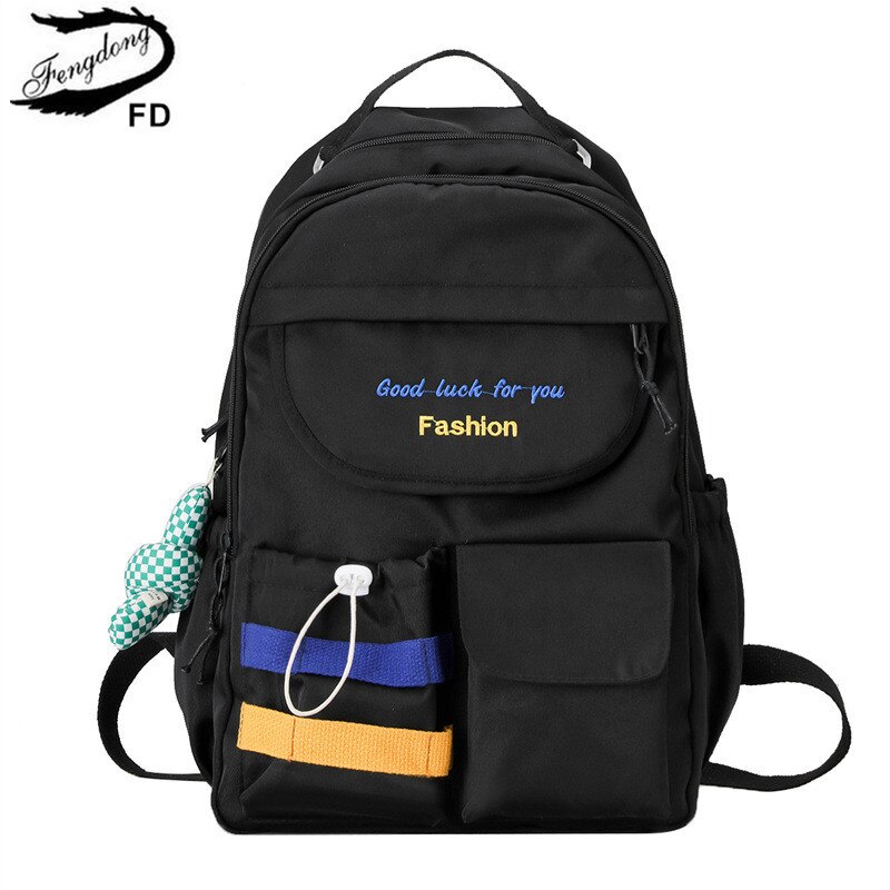 Fengdong teenage girls waterproof school backpack student high school bags female black notebook backpack girl large book bag