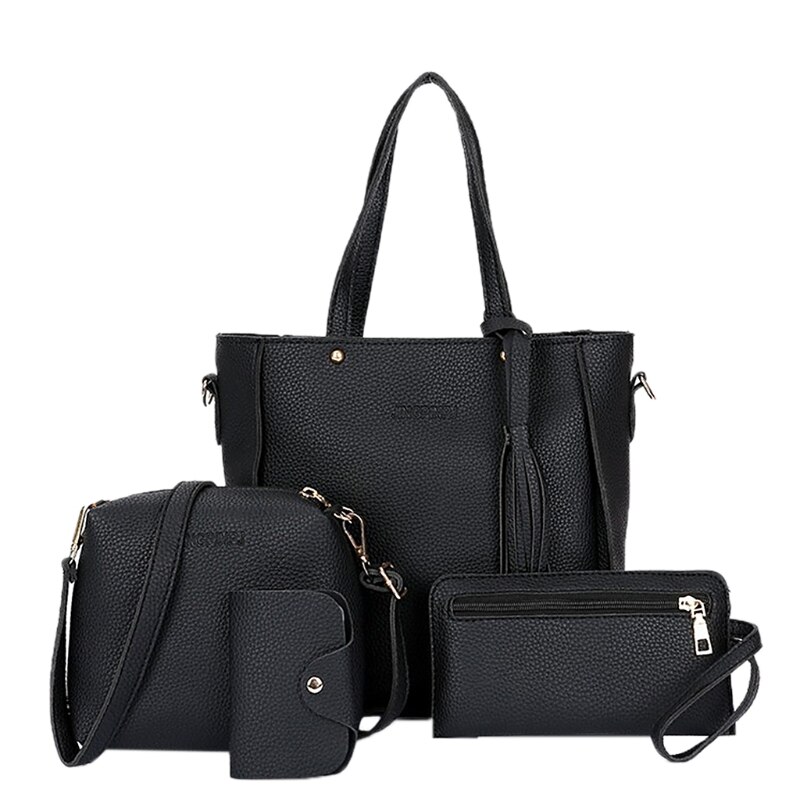 4 Pcs Vrouwen Mode Handtas Schoudertassen Lady Casual Reizen Crossbody Messenger Satchel Set Vrouwelijke Grote Capaciteit Shopping Tote: Black