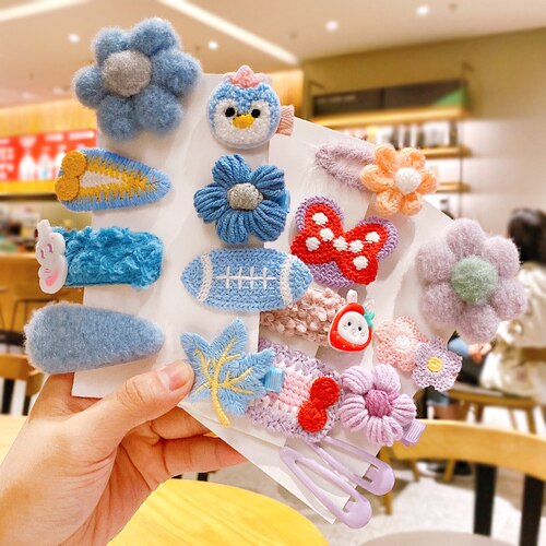 Newest 1set Winter Girls Cartoon Fruit Cashmere Faux Fur Soft Hairpins Sweet Children Hair Clips Kid Hair Accessories: bule purple-17 Pcs