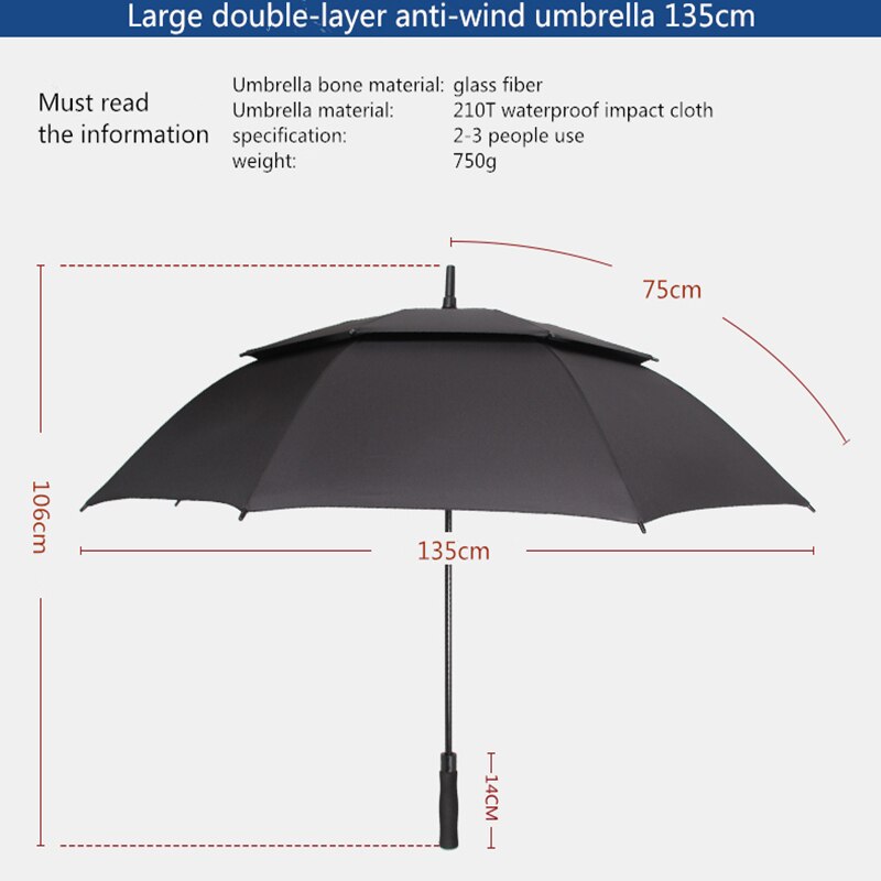 Nx stor golfparaply vindtæt dobbeltlag 135cm glasfiber mand forretning reklame sol regn lange paraply mænd