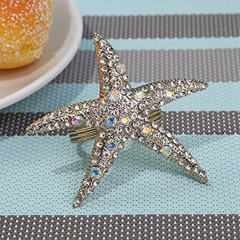 12 PCS Napkin Rings Starfish Rhinestone Ocean Napkin Holders for Wedding Party Beach Theme Dining Table Decor