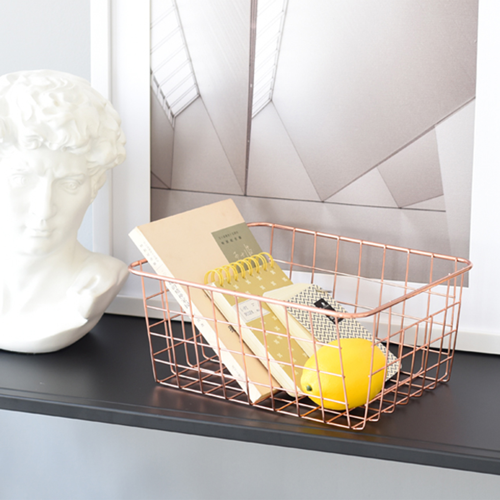 Panier de rangement en fil de fer forgé or Rose, lignes simples de couleur unie, organisateur pratique de bureau, décoration de la maison