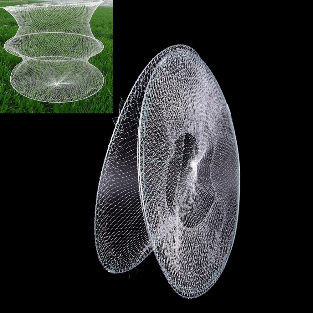 White Shrimp Net Folding Round Metal Frame Nylon Mesh Crab Crawdad Shrimp