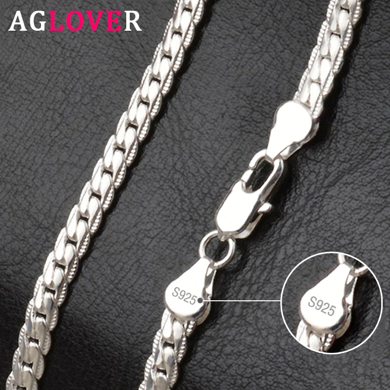 AGLOVER 925 Sterling Silver 2 Piece 20/8 Inchs 6MM Full Sideways Chain Necklace Bracelet For Women Men Sets Wedding