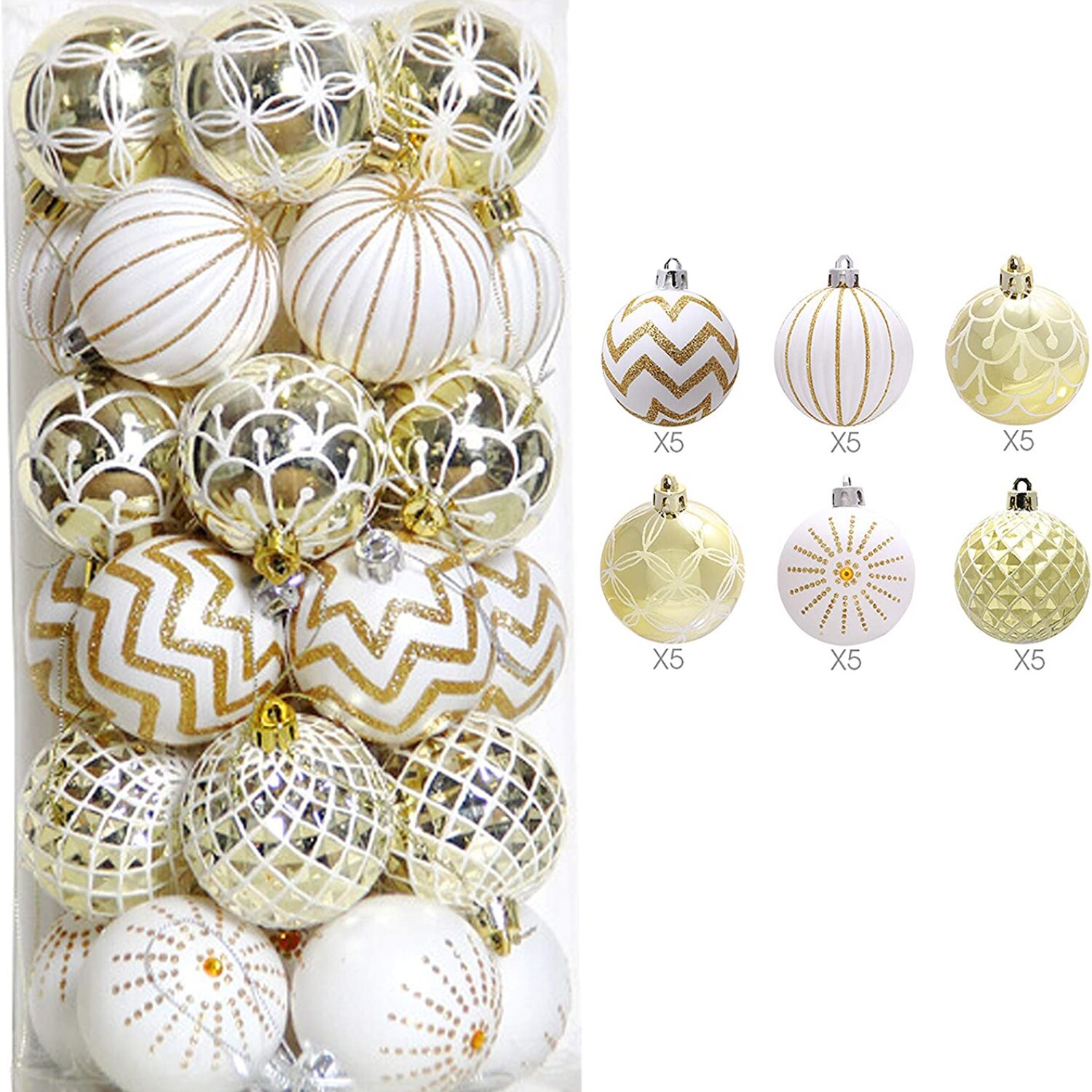 30pcs Painted Christmas Ball Ornaments 60mm Gold and White Painted Shatterproof Christmas Tree Pendant Party