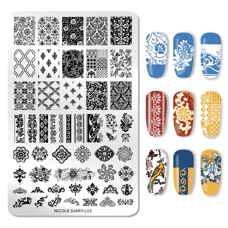 Nicole Dagboek Bloemen Patroon Nail Stempelen Platen Afbeelding Schilderen Nail Art Stencils Template Nail Stempel Gereedschap